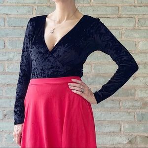 Crushed Velvet Bodysuit Black Wrap V-neck Top